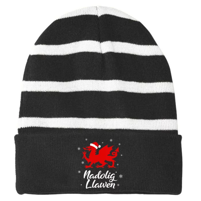 Nadolig Llawen Wales Welsh Cymru Merry Christmas Dragon Striped Beanie with Solid Band