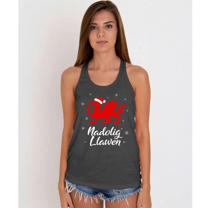 Nadolig Llawen Wales Welsh Cymru Merry Christmas Dragon Women's Knotted Racerback Tank