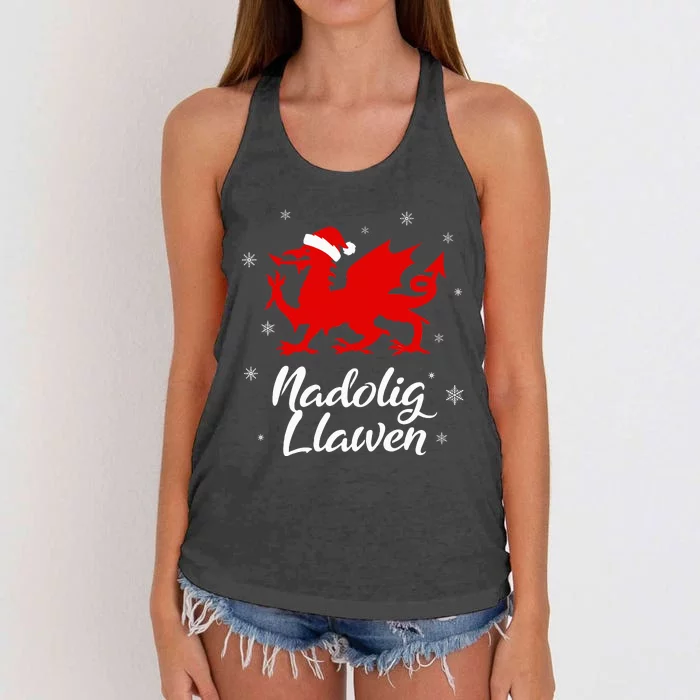 Nadolig Llawen Wales Welsh Cymru Merry Christmas Dragon Women's Knotted Racerback Tank