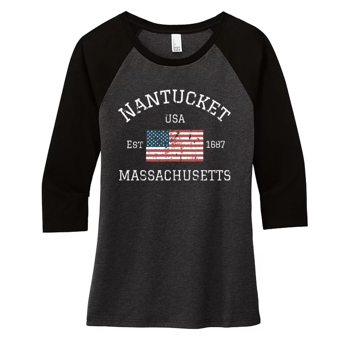 Nantucket Massachusetts American Flag Usa Travel Vintage Women's Tri-Blend 3/4-Sleeve Raglan Shirt