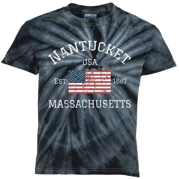 Nantucket Massachusetts American Flag Usa Travel Vintage Kids Tie-Dye T-Shirt