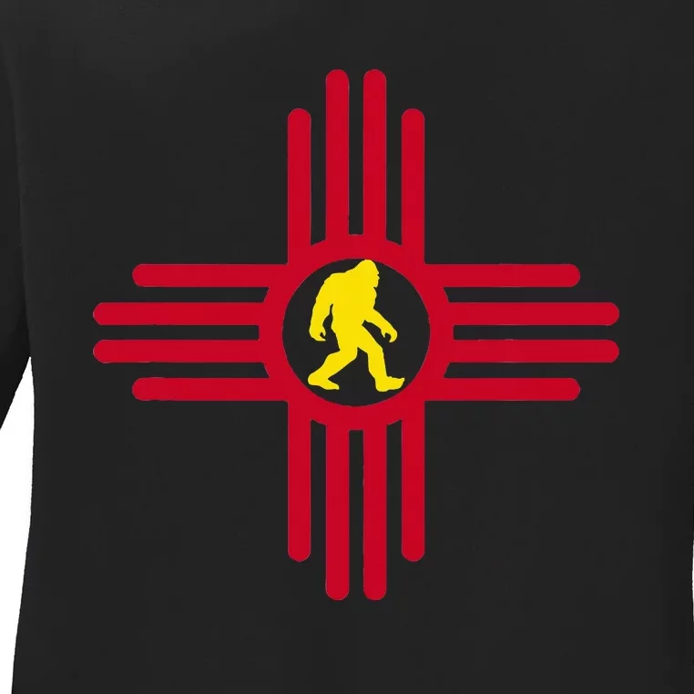 New Mexico Bigfoot State Flag Zia Symbol Bigfoot New Mexico Ladies Long Sleeve Shirt