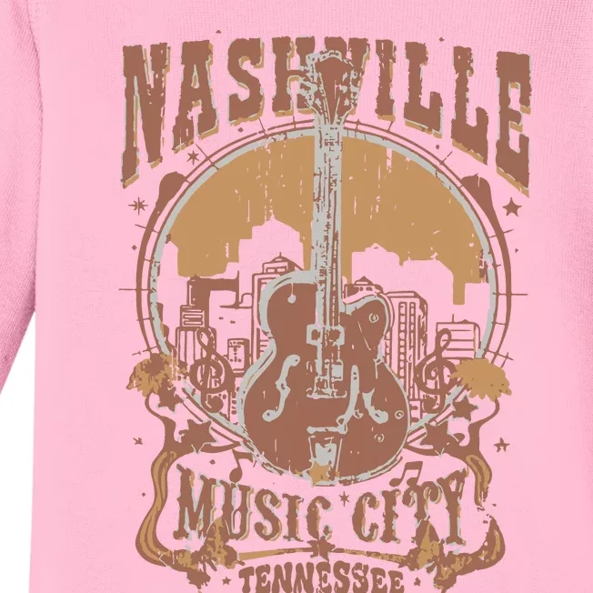 Nashville Music City Tennessee Guitar Baby Long Sleeve Bodysuit