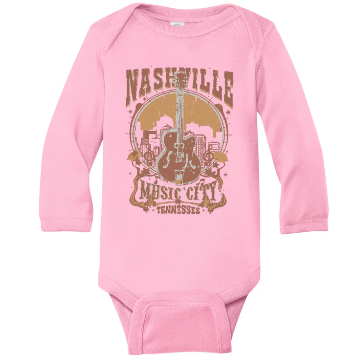 Nashville Music City Tennessee Guitar Baby Long Sleeve Bodysuit