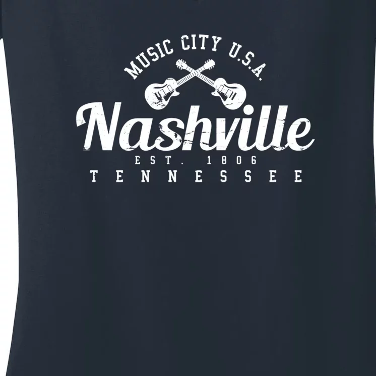 Nashville Music City Tennessee Country Music City Guitar Women's V-Neck T-Shirt