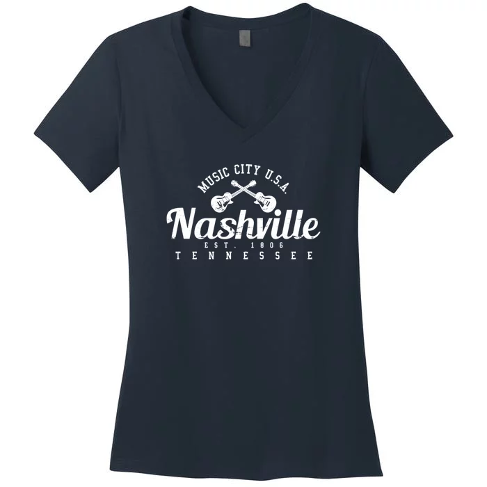 Nashville Music City Tennessee Country Music City Guitar Women's V-Neck T-Shirt