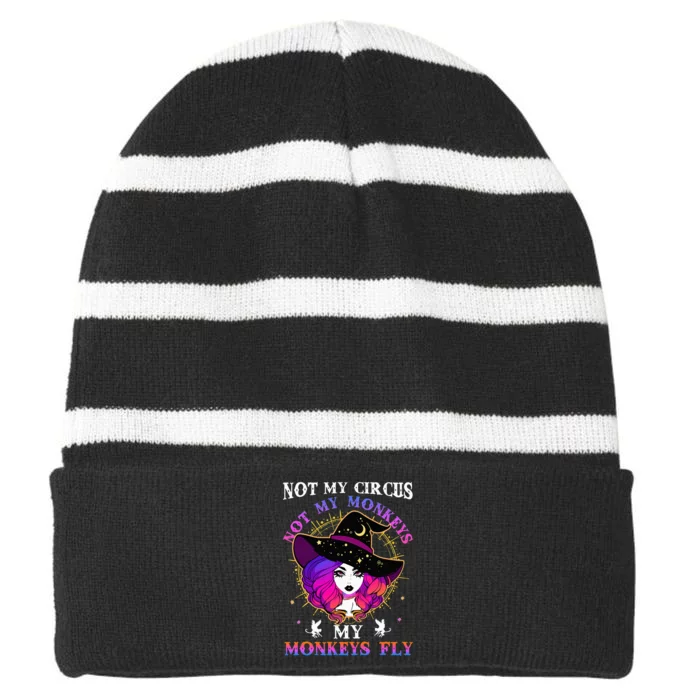 Not My Circus Not My Monkeys My Monkeys Fly Witch Halloween Striped Beanie with Solid Band