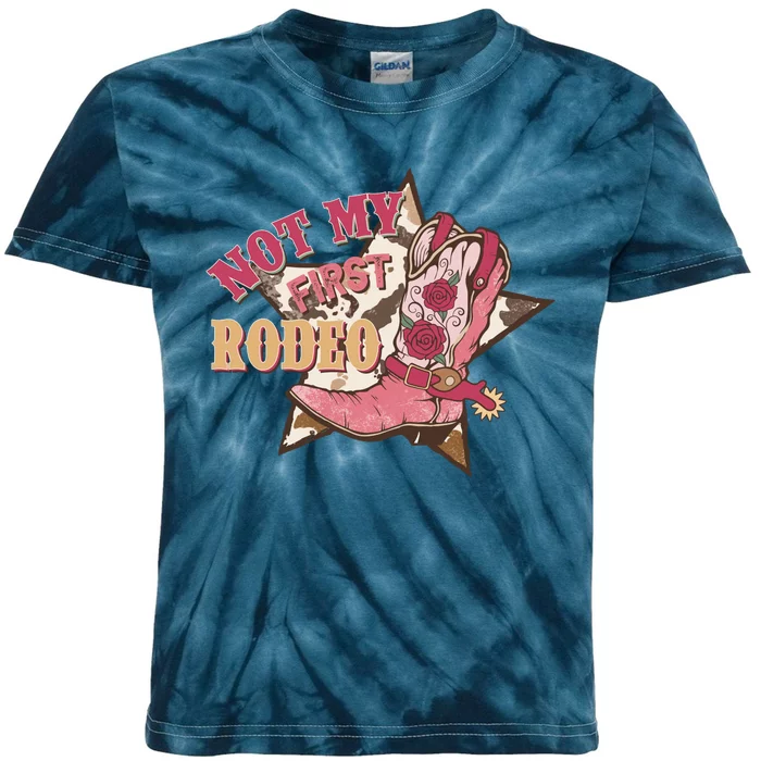 Not My First Rodeo Cowgirl Boots Pink Kids Tie-Dye T-Shirt