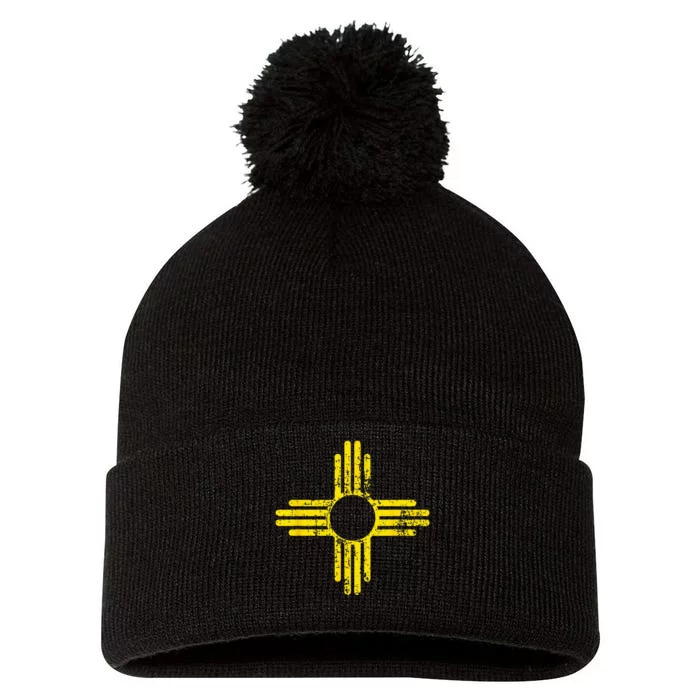 New Mexico Flag Distressed Yellow Zia Sun Alone Pom Pom 12in Knit Beanie