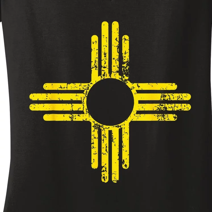 New Mexico Flag Distressed Yellow Zia Sun Alone Women's V-Neck T-Shirt