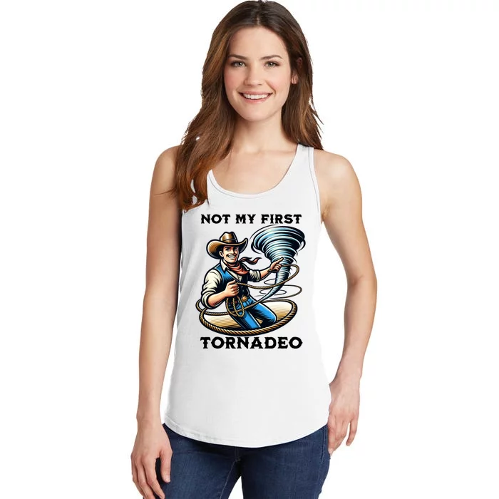 Not My First Tornadeo Funny Tornado Chaser Cowboy And Lasso Ladies Essential Tank