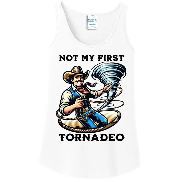 Not My First Tornadeo Funny Tornado Chaser Cowboy And Lasso Ladies Essential Tank