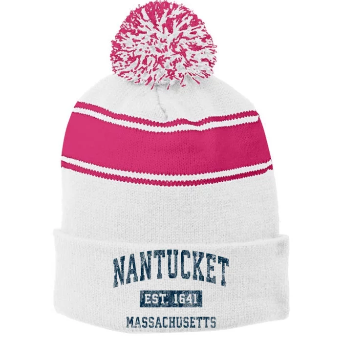 Nantucket Massachusetts MA Vintage Sports Design Navy Print Stripe Pom Pom Beanie