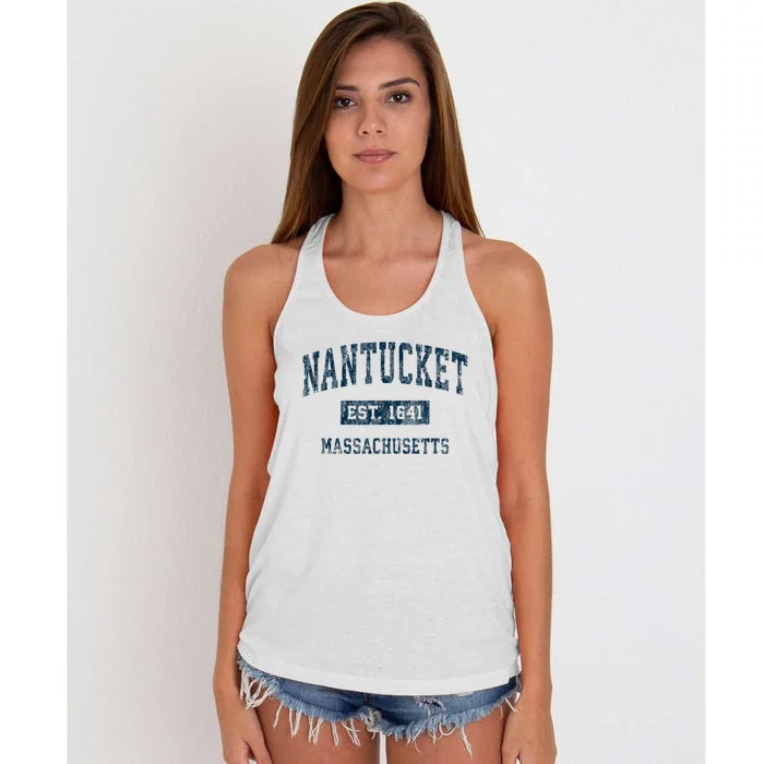 Nantucket Massachusetts MA Vintage Sports Design Navy Print Women's Knotted Racerback Tank