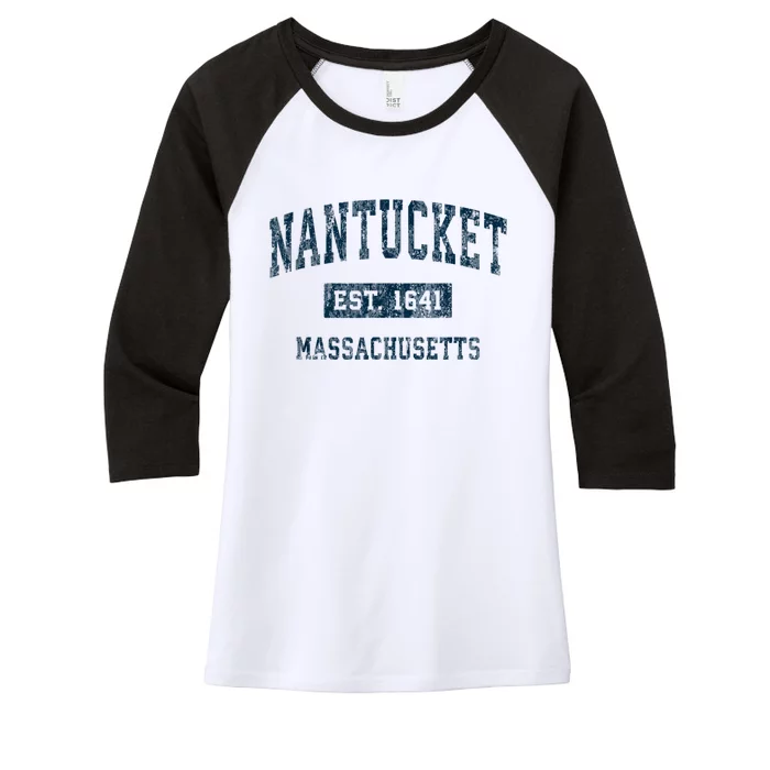 Nantucket Massachusetts MA Vintage Sports Design Navy Print Women's Tri-Blend 3/4-Sleeve Raglan Shirt