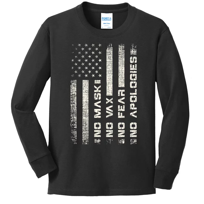 No Mask No Vax Apologies Anti Vaccine Usa Flag Kids Long Sleeve Shirt