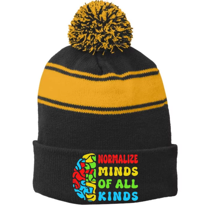 Normalize Minds of All Kinds Autism Awereness Neurodiversity Stripe Pom Pom Beanie