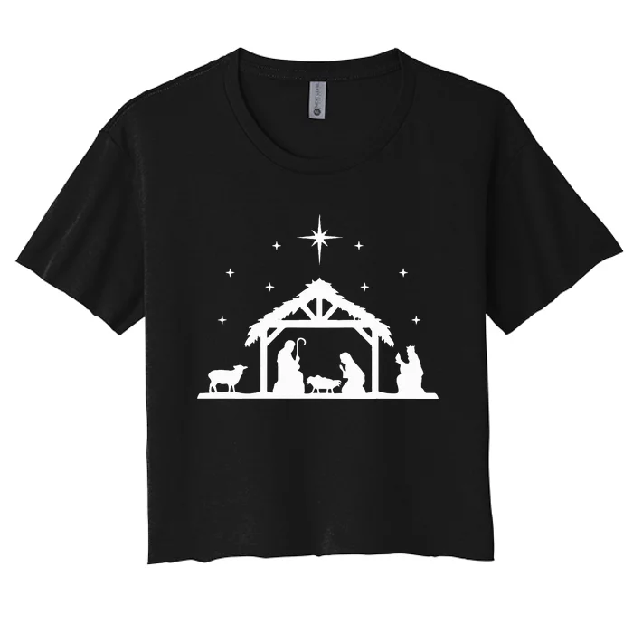 Nativity Manger Scene Baby Jesus Birth of Christ Christmas Women's Crop Top Tee