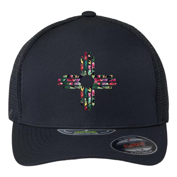 New Mexico State Zia Symbol Floral Print By Mcma Flexfit Unipanel Trucker Cap