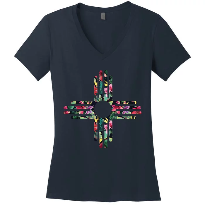 New Mexico State Zia Symbol Floral Print By Mcma Women's V-Neck T-Shirt