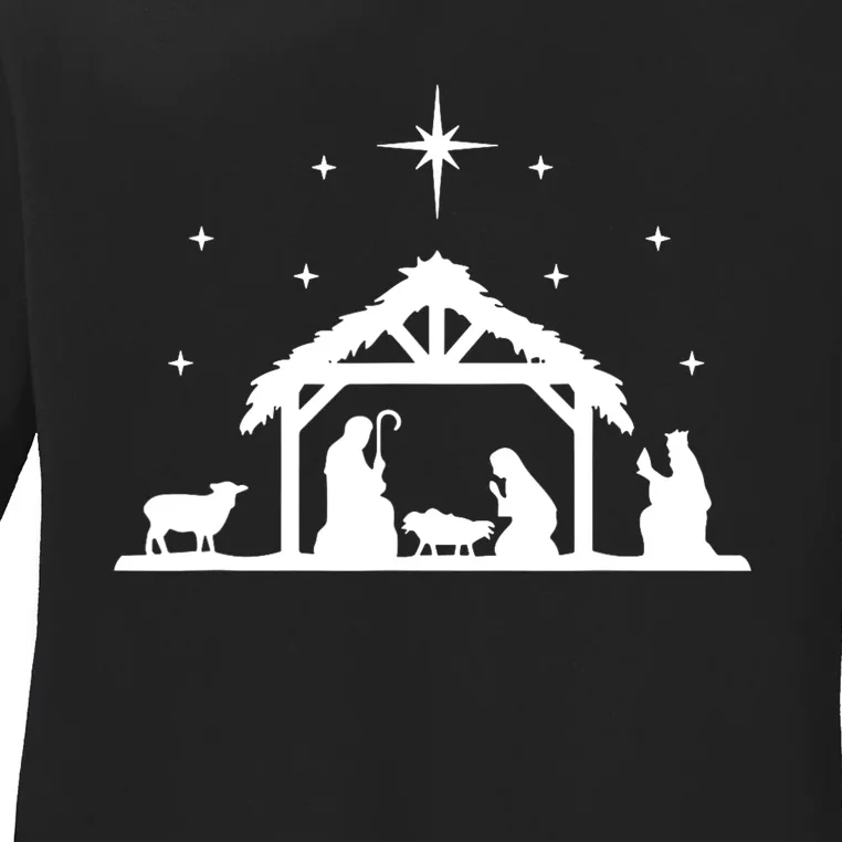 Nativity Manger Scene Baby Jesus Birth Of Christ Christmas Ladies Long Sleeve Shirt