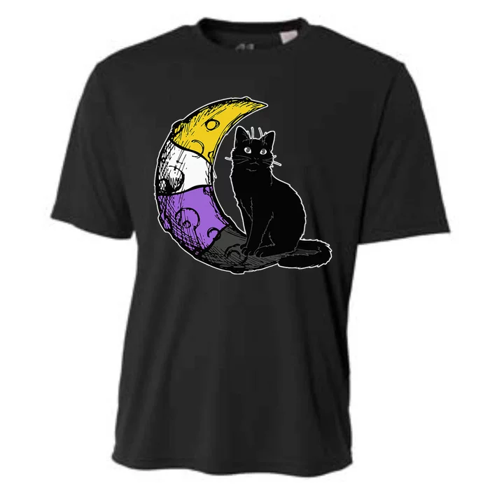 Nonbinary Moon Space Cat LGBT Pride With NB Non Binary Flag Cooling Performance Crew T-Shirt