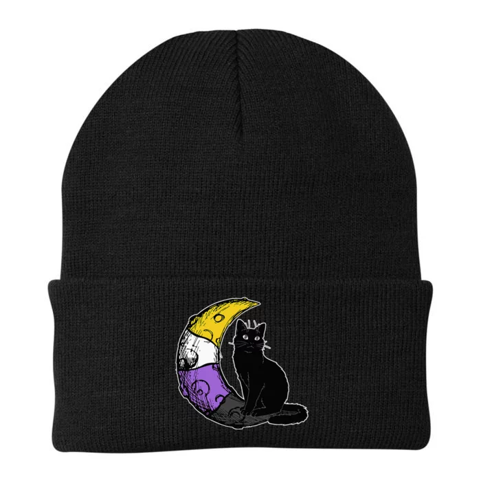 Nonbinary Moon Space Cat LGBT Pride With NB Non Binary Flag Knit Cap Winter Beanie