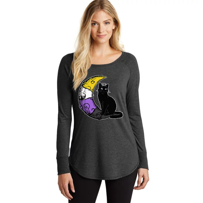 Nonbinary Moon Space Cat LGBT Pride With NB Non Binary Flag Women's Perfect Tri Tunic Long Sleeve Shirt