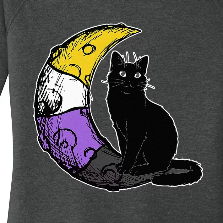 Nonbinary Moon Space Cat LGBT Pride With NB Non Binary Flag Women's Perfect Tri Tunic Long Sleeve Shirt