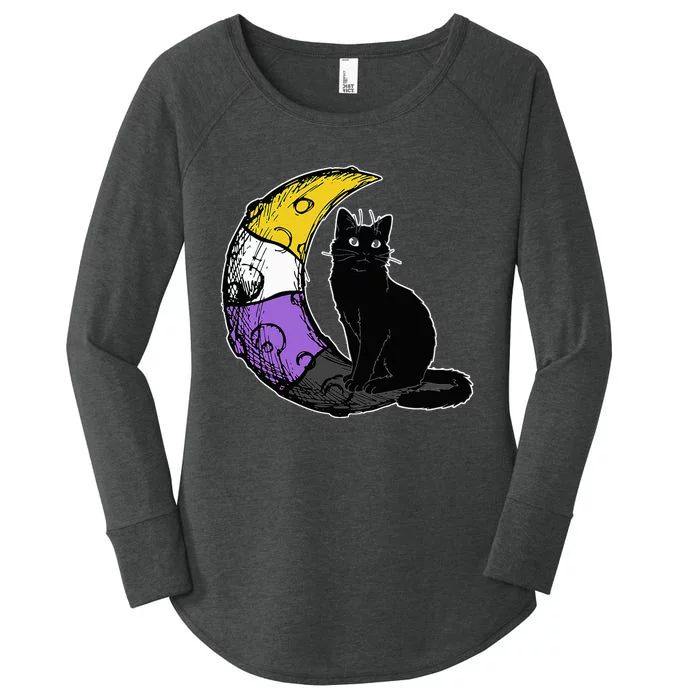 Nonbinary Moon Space Cat LGBT Pride With NB Non Binary Flag Women's Perfect Tri Tunic Long Sleeve Shirt