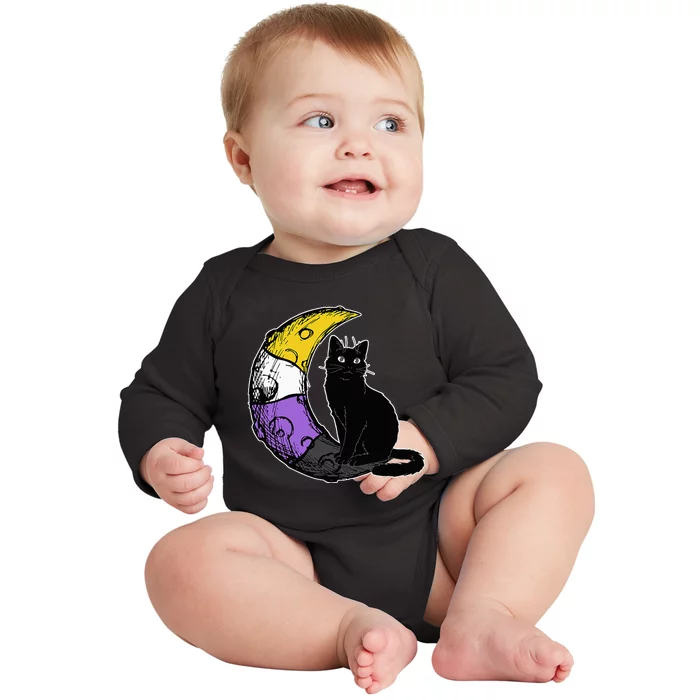 Nonbinary Moon Space Cat LGBT Pride With NB Non Binary Flag Baby Long Sleeve Bodysuit