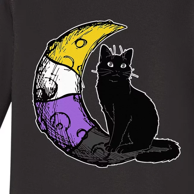 Nonbinary Moon Space Cat LGBT Pride With NB Non Binary Flag Baby Long Sleeve Bodysuit