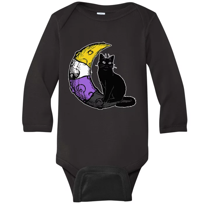 Nonbinary Moon Space Cat LGBT Pride With NB Non Binary Flag Baby Long Sleeve Bodysuit