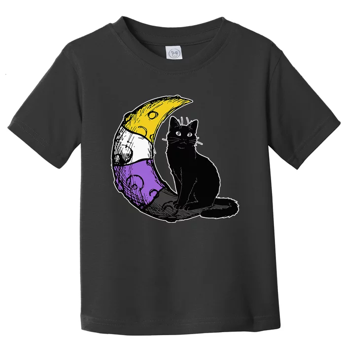 Nonbinary Moon Space Cat LGBT Pride With NB Non Binary Flag Toddler T-Shirt