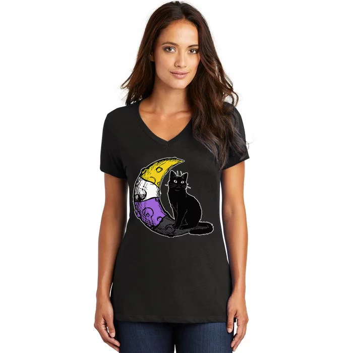 Nonbinary Moon Space Cat LGBT Pride With NB Non Binary Flag Women's V-Neck T-Shirt