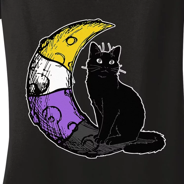 Nonbinary Moon Space Cat LGBT Pride With NB Non Binary Flag Women's V-Neck T-Shirt