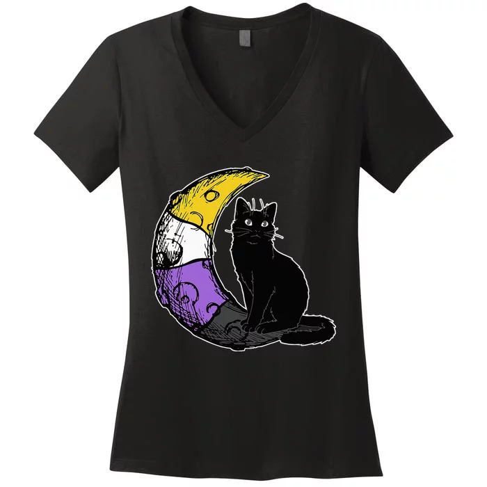 Nonbinary Moon Space Cat LGBT Pride With NB Non Binary Flag Women's V-Neck T-Shirt