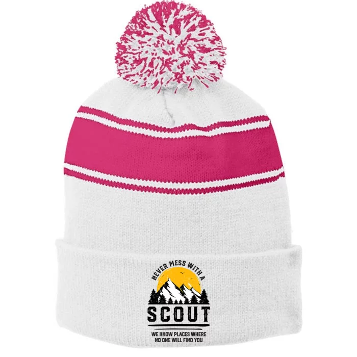 Never Mess With A Scout Funny Camping Proud Scout Scouting Stripe Pom Pom Beanie