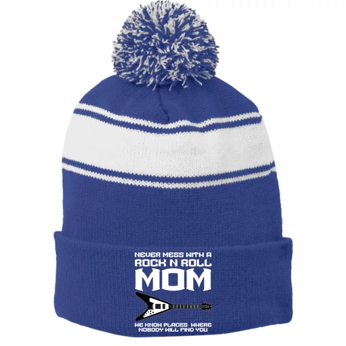 Never Mess With A Rock N Roll Mom Rock 'N Roll Gift Stripe Pom Pom Beanie