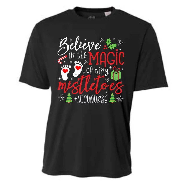 NICU Nurse Believin Magic Of Tiny Mistletoe Christmas Cooling Performance Crew T-Shirt