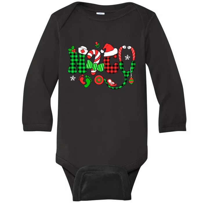 Nurse Nicu Christmas Stethoscope Santa Hat Buffalo Plaid Pjs Baby Long Sleeve Bodysuit