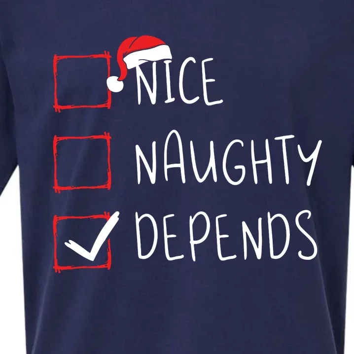 Nice Naughty Depends Christmas List Xmas Santa Claus Sueded Cloud Jersey T-Shirt