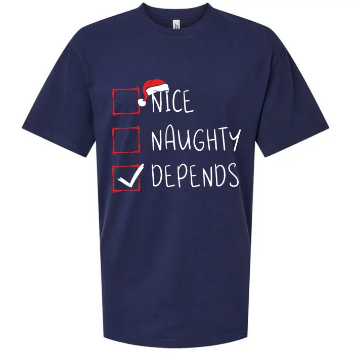 Nice Naughty Depends Christmas List Xmas Santa Claus Sueded Cloud Jersey T-Shirt