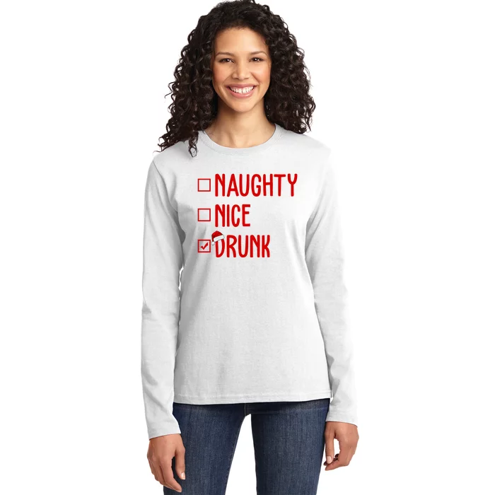 Naughty Nice Drunk Funny Christmas Checklist Ladies Long Sleeve Shirt