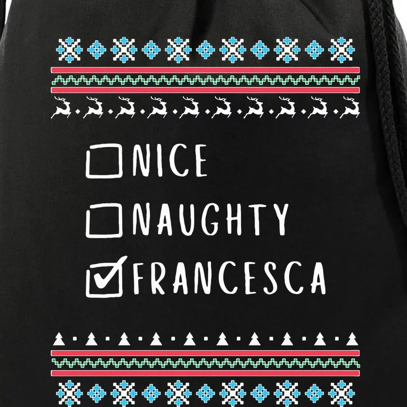 Nice, Naughty, Francesca Christmas Ugly Sweater Style Drawstring Bag