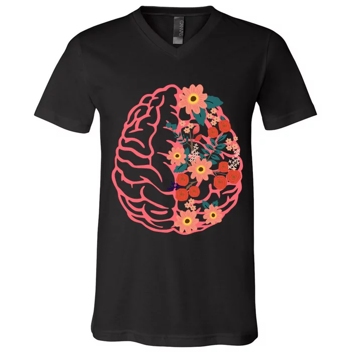 Neuro Nurse Floral Neuroscience Floral Brain V-Neck T-Shirt