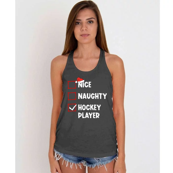 Nice Naughty Hockey Player List Christmas Santa Claus Gift Women's Knotted Racerback Tank