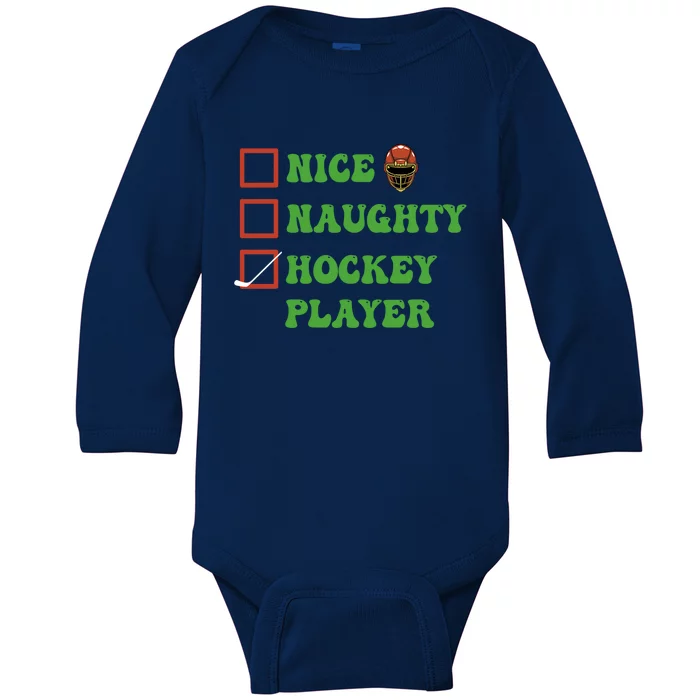 Nice Naughty Hockey Player Christmas List Gift Baby Long Sleeve Bodysuit