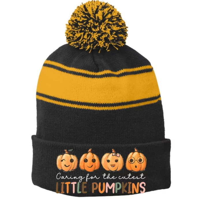 NICU Nurse Halloween Cutest Pumpkins Mother Baby Nurse Fall Stripe Pom Pom Beanie