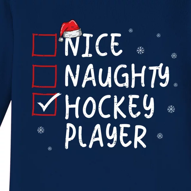 Nice Naughty Hockey Player Christmas Funny Xmas Santa Hat Gift Baby Long Sleeve Bodysuit